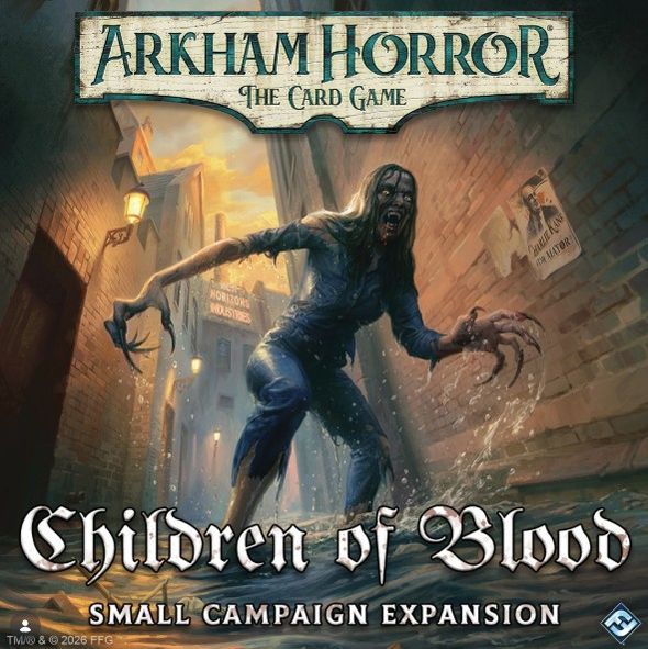 Arkham Horror: LCG: Children of Blood Small Campaign Expansion (PREORDER) - Board game expansion box with dark, eerie artwork featuring a clawed, monstrous figure in a narrow, foggy alleyway under dim