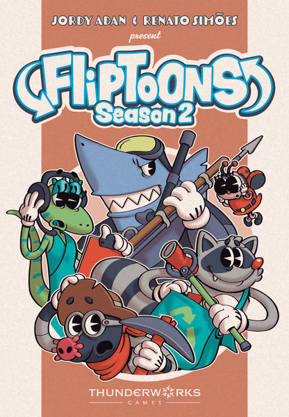 FlipToons Season 2 (PREORDER) - Colorful illustrated game box featuring cartoon characters including a shark, crocodile, bear, and raccoon, with bold.