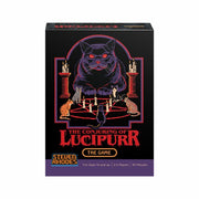 The Conjuring of Lucipurr (PREORDER) - Black and purple card game box featuring a large eerie black cat with red eyes and two smaller cats around a ritual circle,.