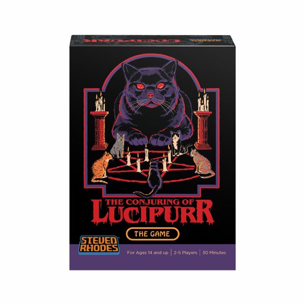 The Conjuring of Lucipurr (PREORDER) - Black and purple card game box featuring a large eerie black cat with red eyes and two smaller cats around a ritual circle,.
