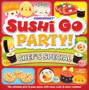 Sushi Go Party! Chef's Special (PREORDER) - Colorful game box cover featuring animated sushi characters with smiling faces on a bright yellow background, titled Sushi.
