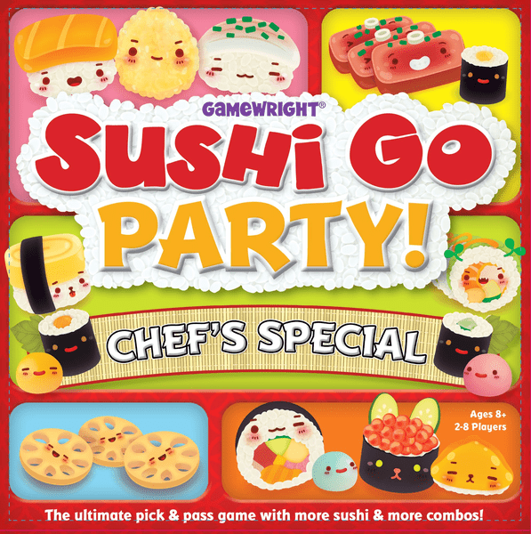 Sushi Go Party! Chef's Special (PREORDER) - Colorful game box cover featuring animated sushi characters with smiling faces on a bright yellow background, titled Sushi.