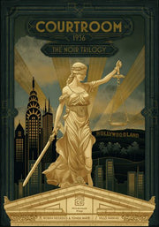 Courtroom - Vintage-style courtroom poster with Lady Justice statue in gold tones against a dark city skyline background.