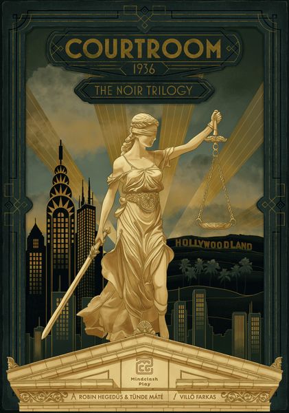 Courtroom - Vintage-style courtroom poster with Lady Justice statue in gold tones against a dark city skyline background.