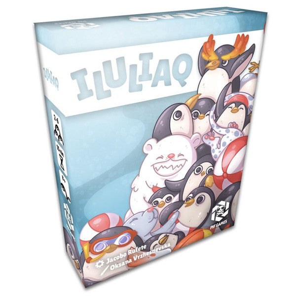 Iluliaq - Colorful game box with stylized penguins and a white polar bear illustration on a light blue background.