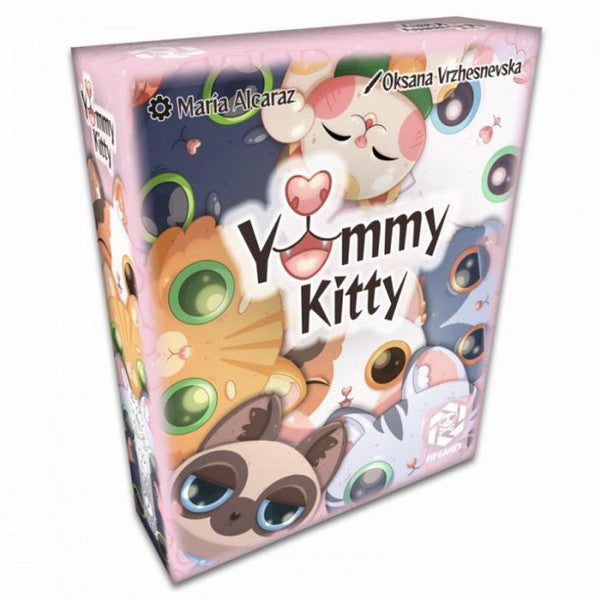 Yummy Kitty - Colorful board game box featuring cartoon cat faces with large eyes and playful expressions.