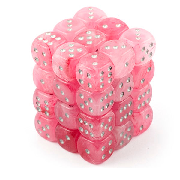 Chessex d6 Cube 12mm Ghostly Glow Pink with Silver (36) - Set of thirty-six translucent pink six-sided dice with silver pips, 12mm, cube shape, glossy finish.