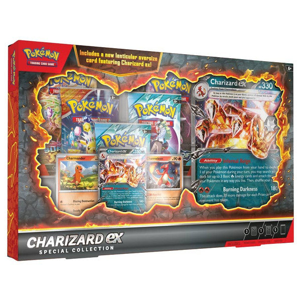 Pokémon TCG: Charizard ex Special Collection - Pokémon TCG Charizard ex Special Collection box with fiery red and black design, showcasing Charizard ex card and booster.