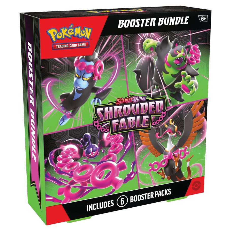 Pokémon TCG: Scarlet & Violet 6.5: Shrouded Fable: Booster Bundle - Red and green Pokémon TCG booster bundle box featuring colorful Pokémon characters and text "Shrouded Fable" with a note.
