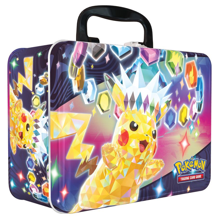 Pokémon TCG: Fall 2024 Collector Chest - Rectangular metal lunchbox with a black handle featuring a colorful Pikachu made of geometric shapes surrounded by sparkling