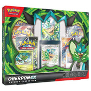 Pokémon TCG: Ogerpon ex Premium Collection - Pokémon Ogerpon ex Premium Collection box with green and teal themed artwork, featuring three card packs, a card holder, and