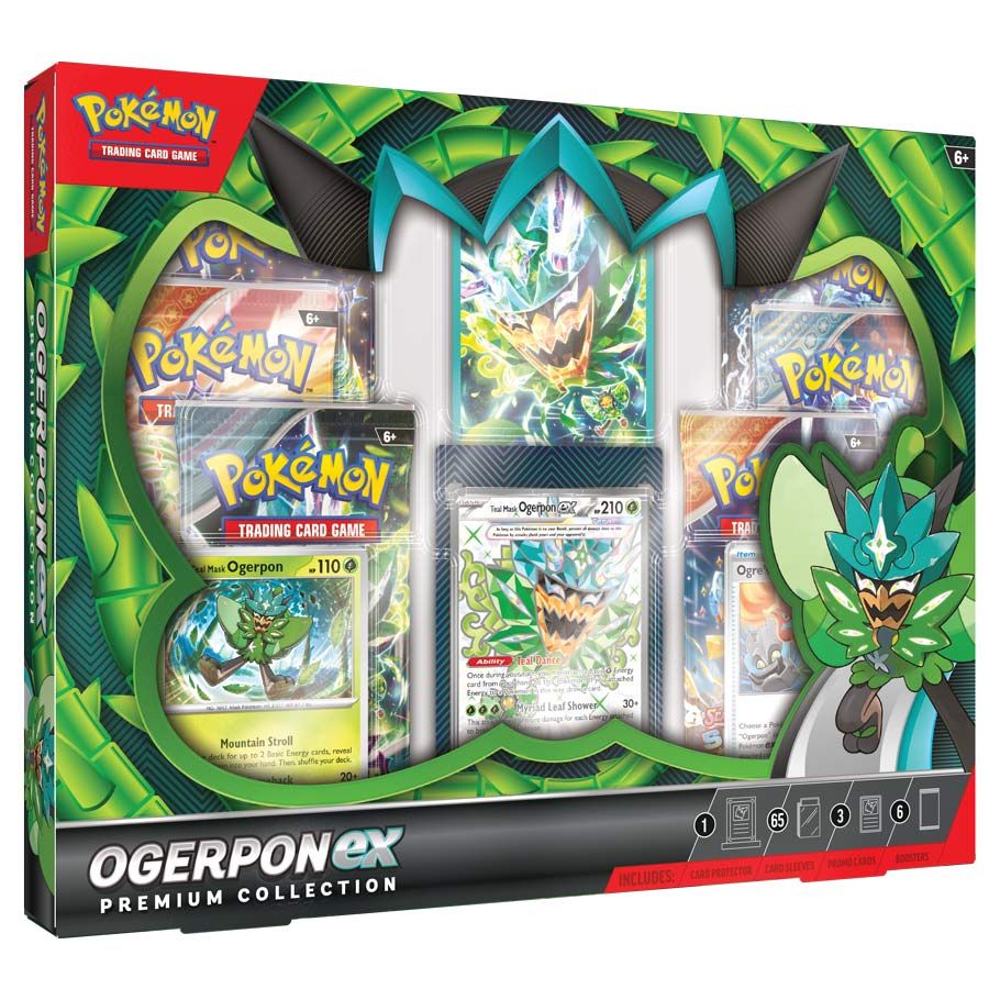 Pokémon TCG: Ogerpon ex Premium Collection - Pokémon Ogerpon ex Premium Collection box with green and teal themed artwork, featuring three card packs, a card holder, and