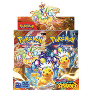 Pokémon TCG: Scarlet & Violet 8: Surging Sparks: Booster Display - Pokémon TCG Scarlet & Violet Surging Sparks booster display box with colorful artwork featuring Pikachu and electric sparks.