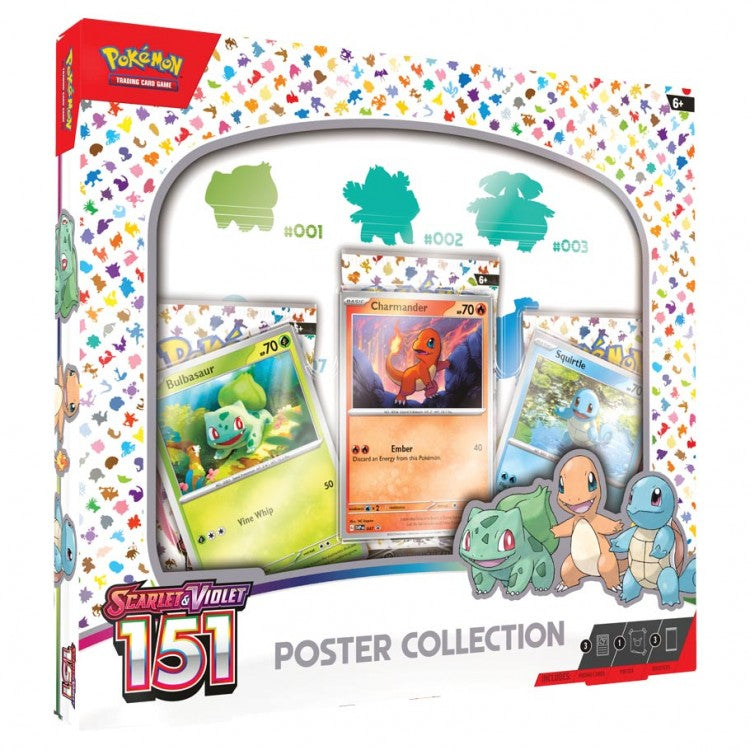 Pokémon: Scarlet and Violet 151: Poster Collection - Colorful Pokémon poster collection box featuring Bulbasaur, Charmander, and Squirtle with a puzzle theme.