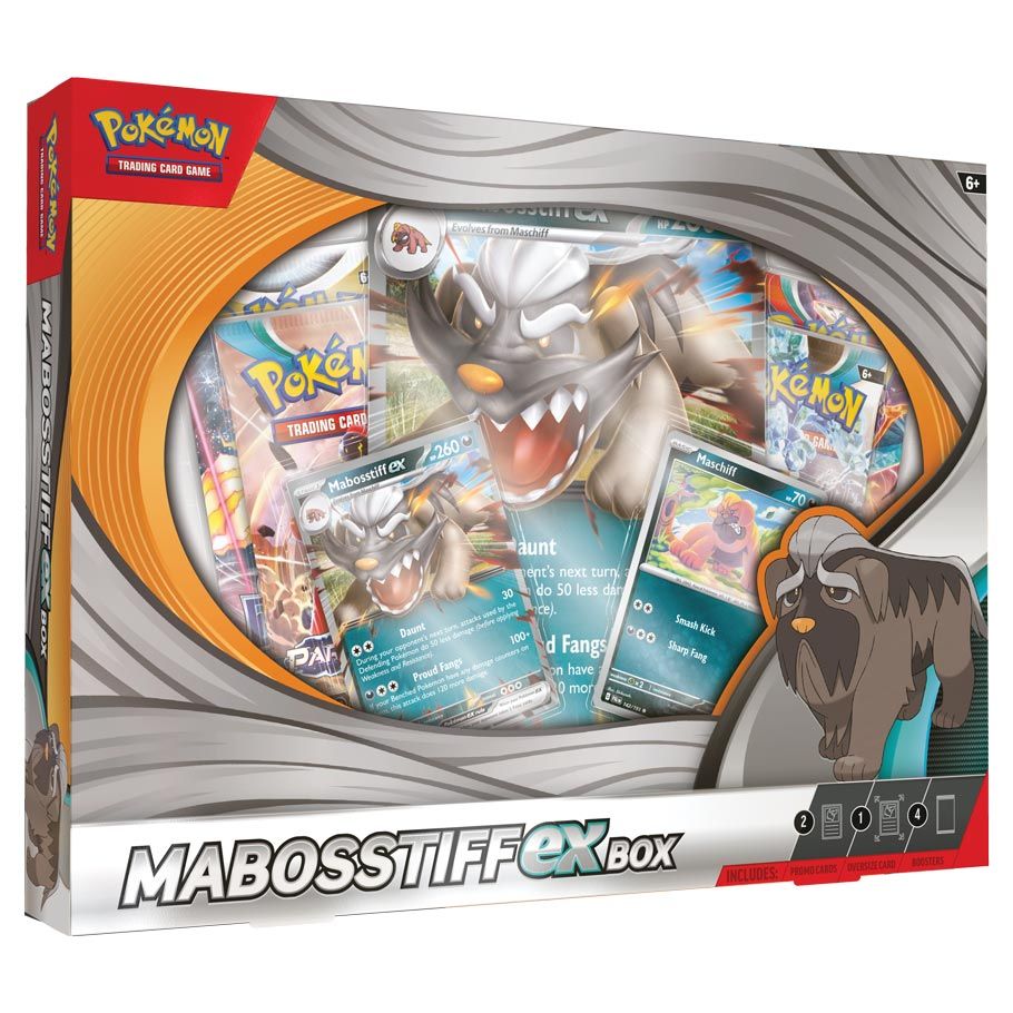 Pokémon TCG: Mabosstiff ex Box - Pokémon TCG Mabosstiff ex Box with Mabosstiff ex promo card, booster packs, and collector’s tin in bold orange and gray.