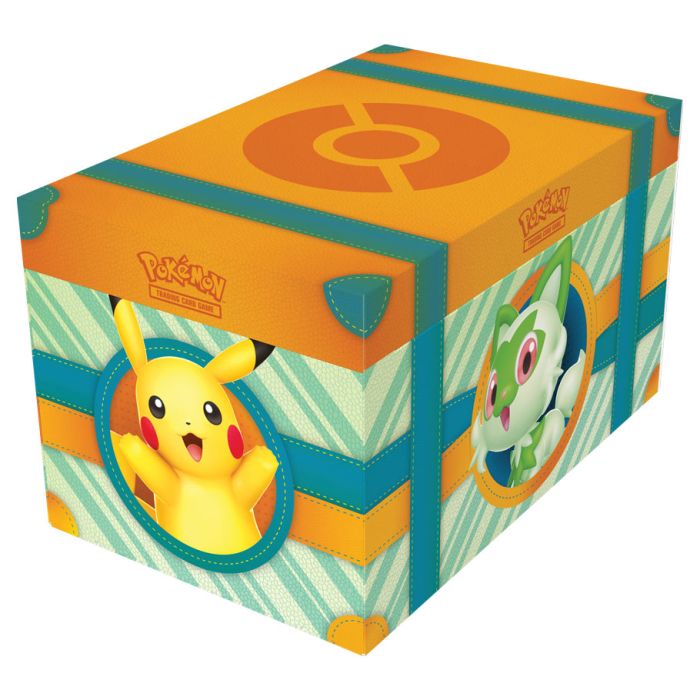 Pokemon Paldea Adventure Chest - Rectangular storage chest with orange lid and teal trim, featuring Pikachu and Sprigatito Pokémon illustrations and the.
