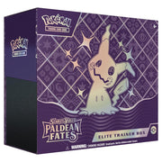 Pokemon Scarlet and Violet Paldean Fates Elite Trainer Box - Purple and black Pokemon Scarlet and Violet Paldean Fates Elite Trainer Box featuring Mimikyu illustration with sparkling.