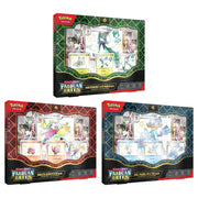 Pokemon Scarlet and Violet Paldean Fates ex Premium Collection - Three Pokemon Scarlet and Violet Paldean Fates ex Premium Collection boxes with green, red, and blue color themes, each.