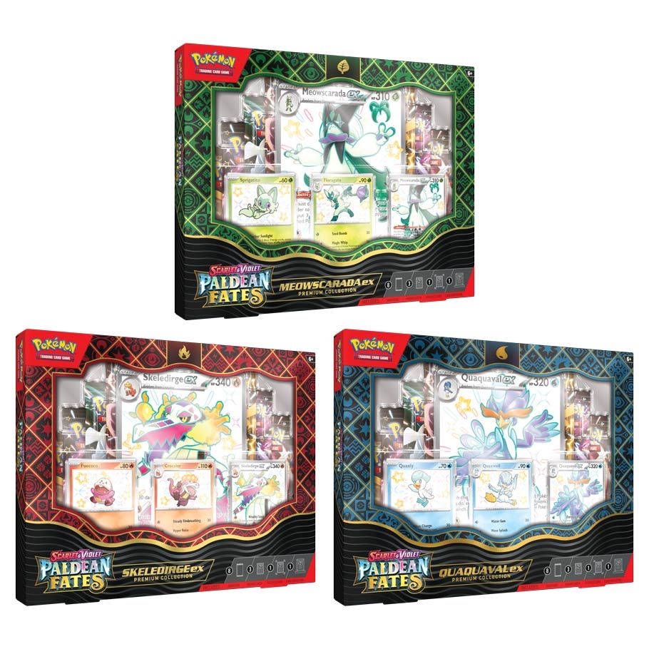Pokemon Scarlet and Violet Paldean Fates ex Premium Collection - Three Pokemon Scarlet and Violet Paldean Fates ex Premium Collection boxes with green, red, and blue color themes, each.