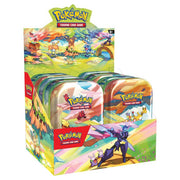 Pokémon TCG: Vibrant Paldea Mini Tin - Colorful rectangular Pokémon TCG Vibrant Paldea Mini Tin display box with vibrant character art.