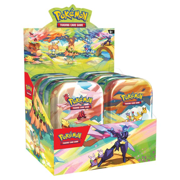 Pokémon TCG: Vibrant Paldea Mini Tin - Colorful rectangular Pokémon TCG Vibrant Paldea Mini Tin display box with vibrant character art.
