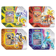 Pokemon Paradox Destinies Tin - Set of four Pokemon Paradox Destinies collectible tins, each with vibrant character artwork and featured holographic cards.