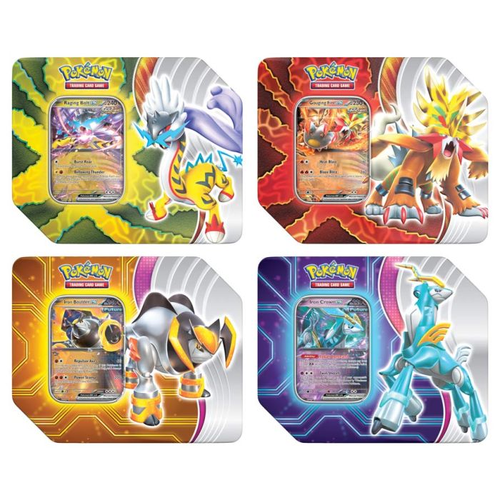 Pokemon Paradox Destinies Tin - Set of four Pokemon Paradox Destinies collectible tins, each with vibrant character artwork and featured holographic cards.