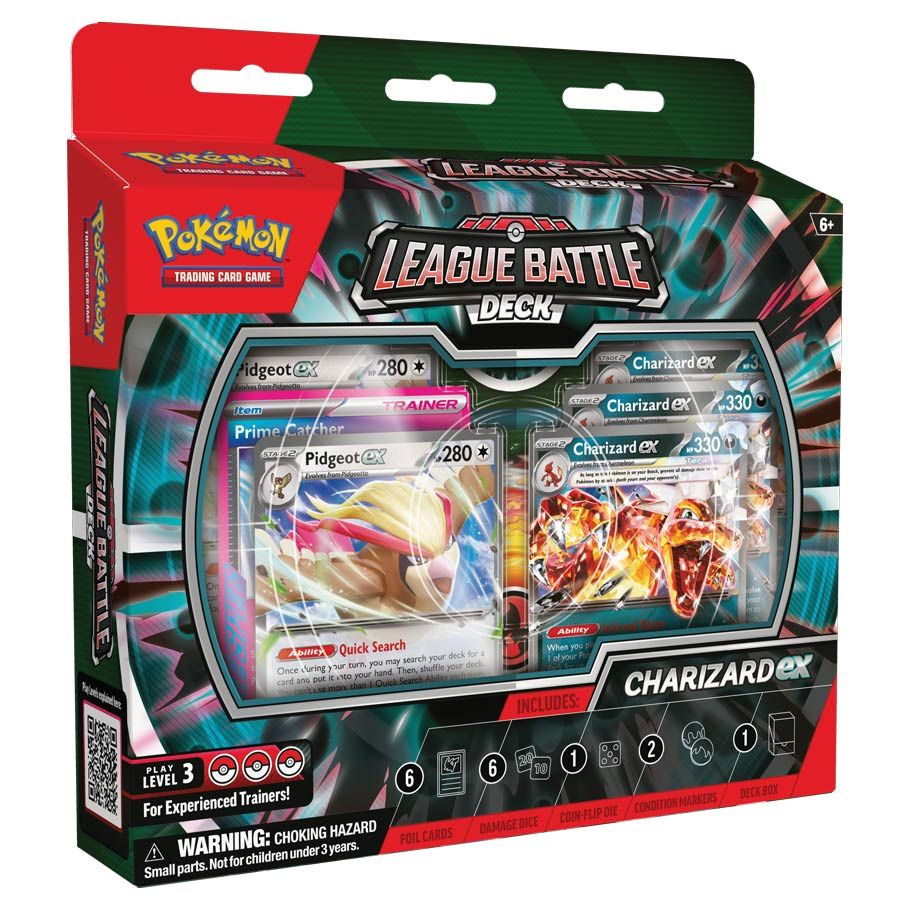 Pokémon TCG: Charizard ex League Battle Deck - Pokémon TCG Charizard ex League Battle Deck with red and green top, featuring Charizard EX card and game accessories in.