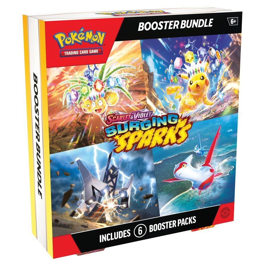 Pokémon TCG: Scarlet & Violet 8: Surging Sparks: Booster Bundle - Pokémon TCG Scarlet & Violet Surging Sparks booster bundle box with vibrant Pokémon artwork and six booster packs included.
