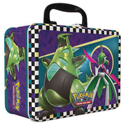 Pokémon TCG:Summer 2024 Collector Chest - Rectangular metal lunchbox with black handle, featuring green Pokémon characters Zacian and Gallade on a purple and.