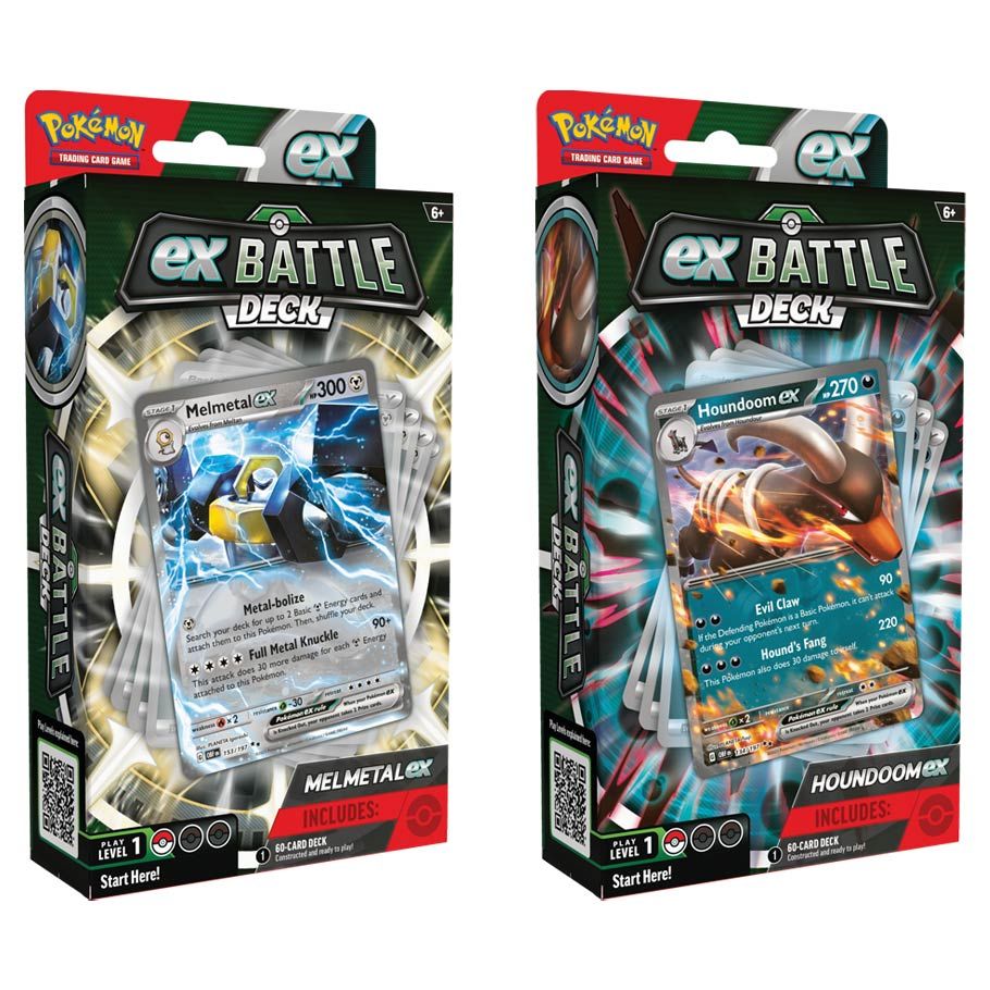 Pokémon TCG - ex Battle Deck - Two Pokémon TCG ex Battle Deck packages featuring Melemelmetal EX and Houndoom EX with colorful card designs and red headers.