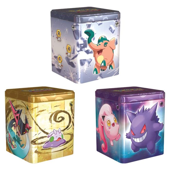 Pokémon TCG: Stacking Tin - Set of three square metal tins with colorful Pokémon designs featuring Miltank on silver, Gengar and Clefairy on purple, and