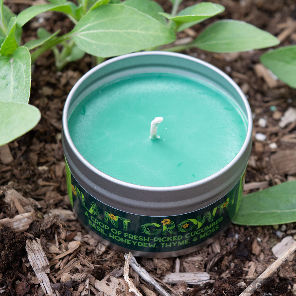 Plant Growth Gaming Candle - Green wax candle in a silver tin with plant growth graphics on label, surrounded by soil and leaves.