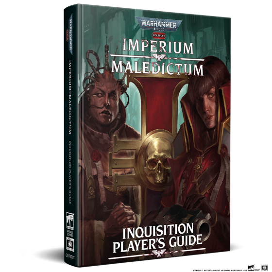 Warhammer 40,000 Roleplay: Imperium Maledictum Inquisition Player's Guide - Dark green hardcover RPG book with gothic warrior artwork, titled Imperium Maledictum Inquisition Player's Guide.