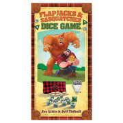 Flapjacks & Sasquatches Dice Game - Colorful board game box with cartoon sasquatch and lumberjack characters, includes dice and plaid pouch on a wooden.