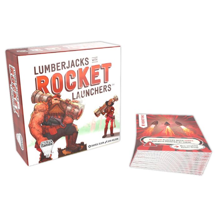 Lumberjacks With Rocket Launchers - Box of Lumberjacks Rocket Launchers card game with a muscular lumberjack holding rocket launchers, stacked cards beside it.