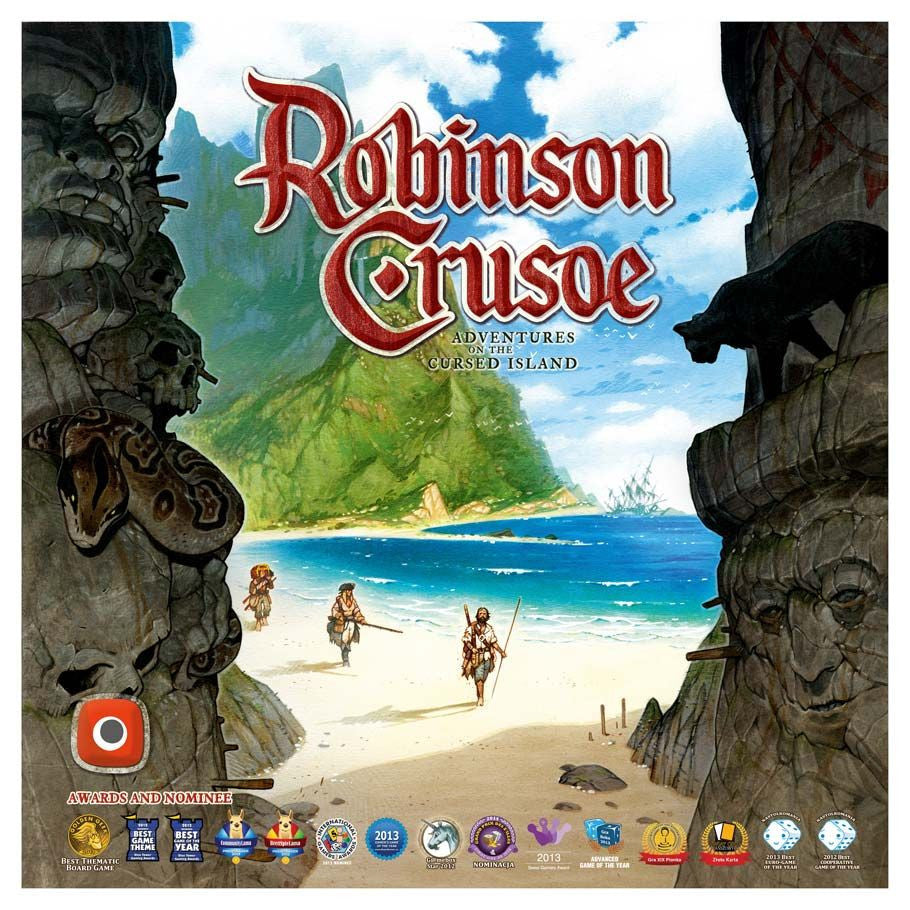 Robinson Crusoe 2nd Edition - Robinson Crusoe 2nd Edition board game box with tropical island and ocean scene, two stone statues framing sandy beach with.