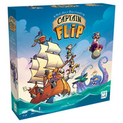 Captain Flip - Colorful board game box featuring a wooden sailing ship with pirate characters and a purple octopus on ocean waves.