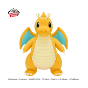Pokemon Mecha Mofugutto Plush Dragonite, 12.6" - Orange and cream Dragonite plush with blue inner wings, large black eyes, and small antennae, 12.6 inches tall.