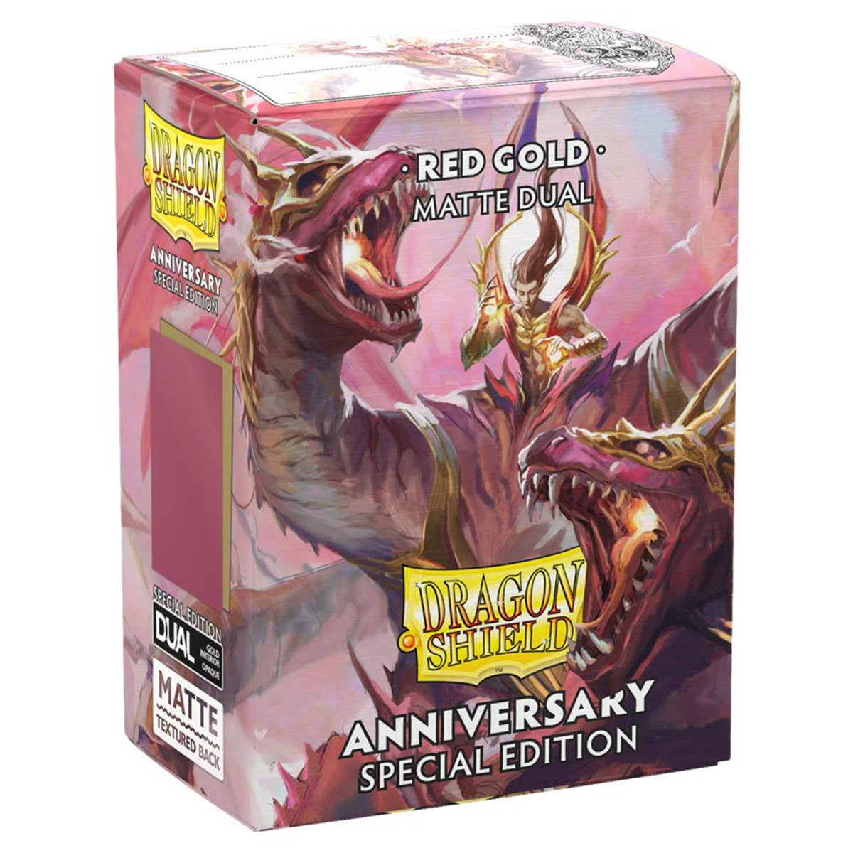 Deck Protector: Dragon Shield: Dual Matte: Pomegranate & Gold (100) - Box of Dragon Shield Dual Matte card sleeves in pomegranate red and gold with dragon artwork and anniversary edition label.