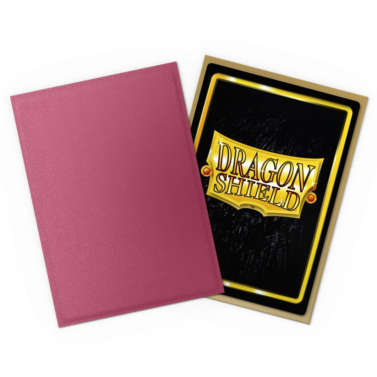 Deck Protector: Dragon Shield: Dual Matte: Pomegranate & Gold (100) - Matte pomegranate card sleeves alongside a black Dragon Shield card deck with gold and yellow border detailing.