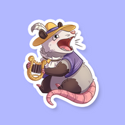 Bard Class D&D Possum Sticker - Cartoon possum wearing a yellow feathered hat and purple cape, playing a golden lyre, with mouth open as if singing, on a.