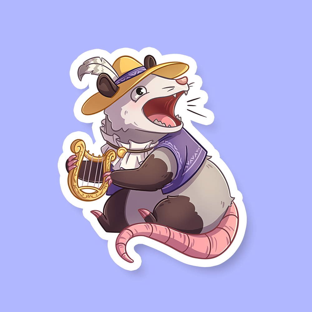 Bard Class D&D Possum Sticker - Cartoon possum wearing a yellow feathered hat and purple cape, playing a golden lyre, with mouth open as if singing, on a.
