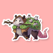 Druid Class D&D Opossum Sticker - Cute opossum wearing druid robes, carrying green leafy branches with small mushrooms, cartoon sticker style.