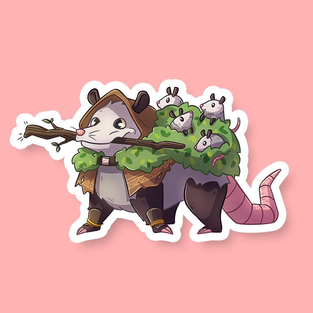 Druid Class D&D Opossum Sticker - Cute opossum wearing druid robes, carrying green leafy branches with small mushrooms, cartoon sticker style.