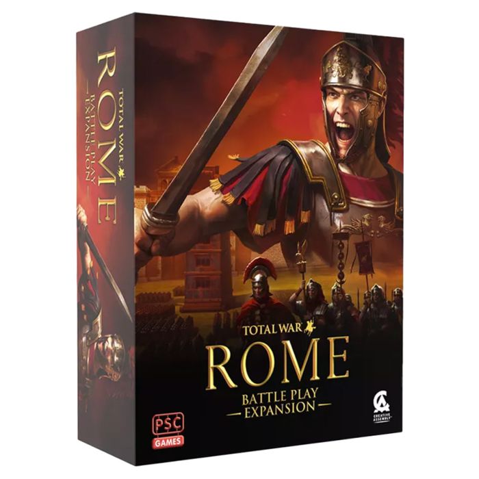 Total War: Rome Battle Play Expansion - Dark red and gold box featuring an armored Roman soldier shouting with a sword raised, labeled Total War Rome Battle Play.