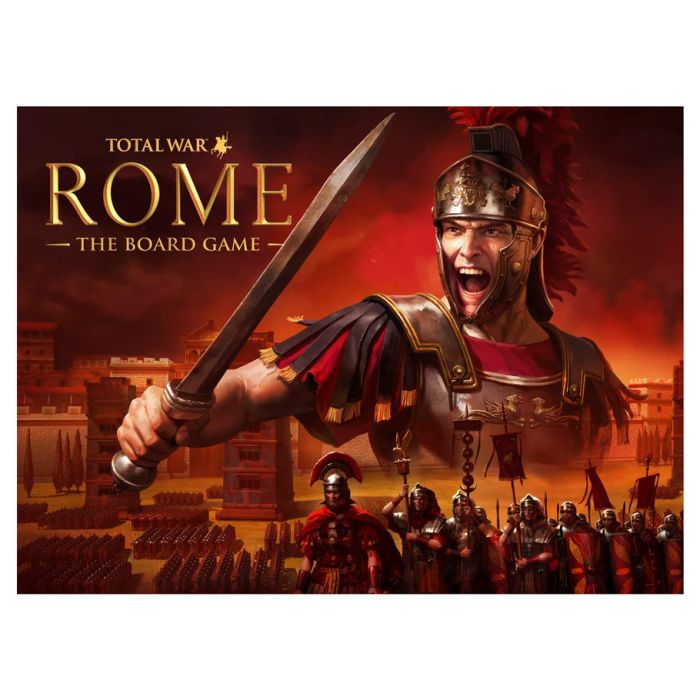 Total War: Rome - Excited Roman soldier in bronze armor raising a sword with a red and gold battlefield background.