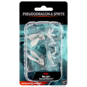 D&D Nolzur's Marvelous Miniatures: Sprite & Pseudodragon - Unpainted grey plastic miniatures of a small fairy-like sprite with wings and a tiny dragon with wings, packaged in clear.