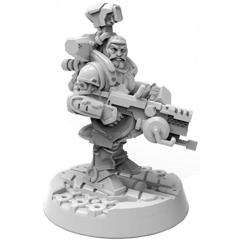 Starfinder: Dwarf Soldier - Gray miniature of a sturdy dwarf soldier in heavy armor holding a large futuristic rifle, standing on a textured hexagonal.