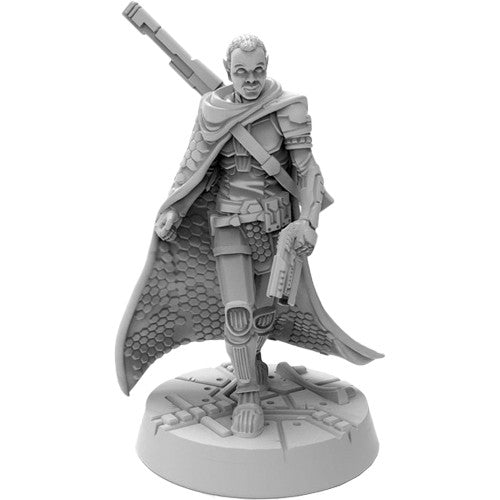 Starfinder: Half - Elf Operative - Gray plastic miniature of a half-elf operative with a long flowing cape, futuristic armor, and a large rifle slung on their.